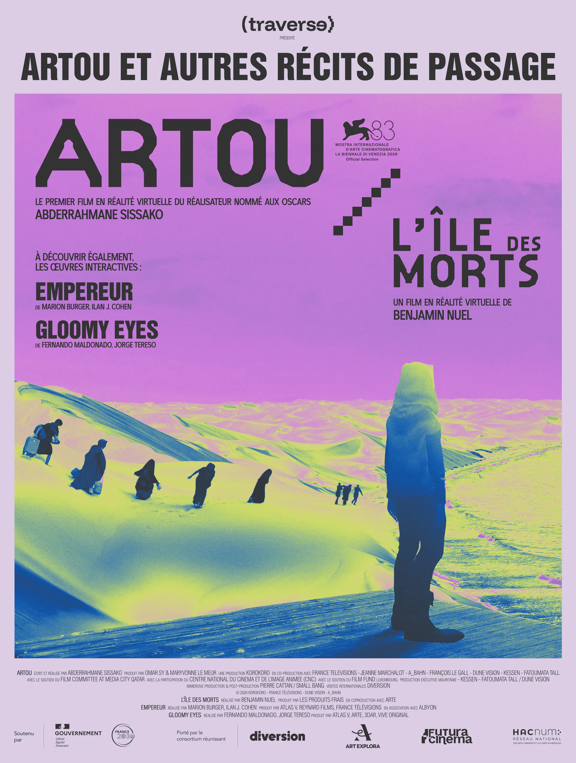 Affiche du programme Artou et autres récits de passage : silhouettes traversant un désert, en violet, jaune et bleu