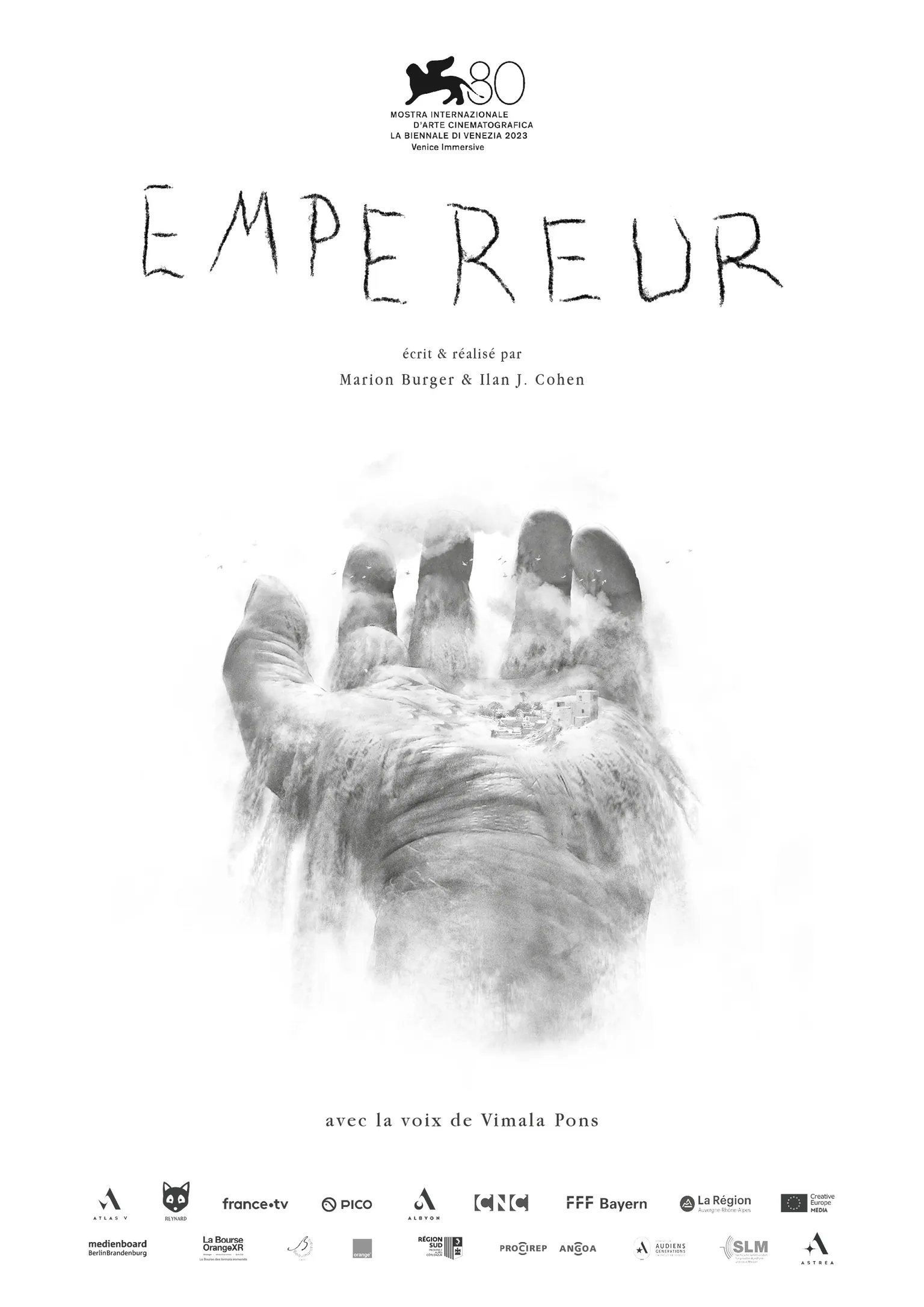 Affiche d'Empereur : une main ouverte esquissée au fusain, sur fond blanc