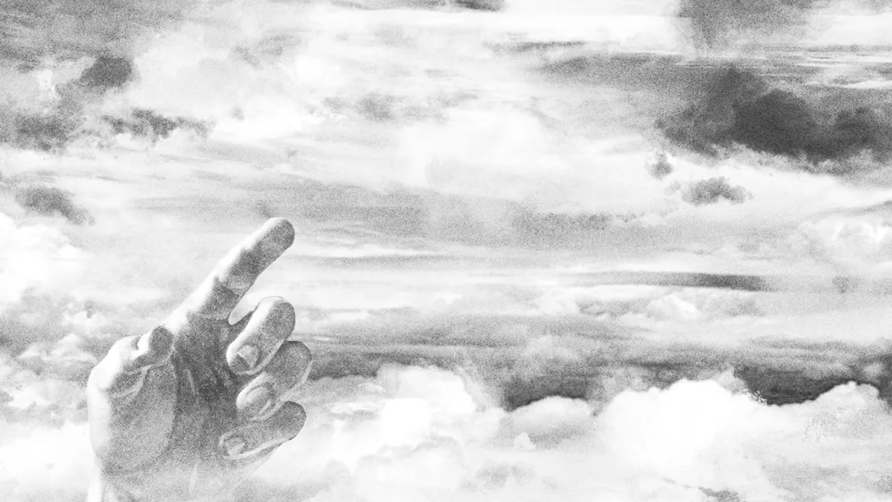Une main tendue émerge des nuages, dessinée au crayon