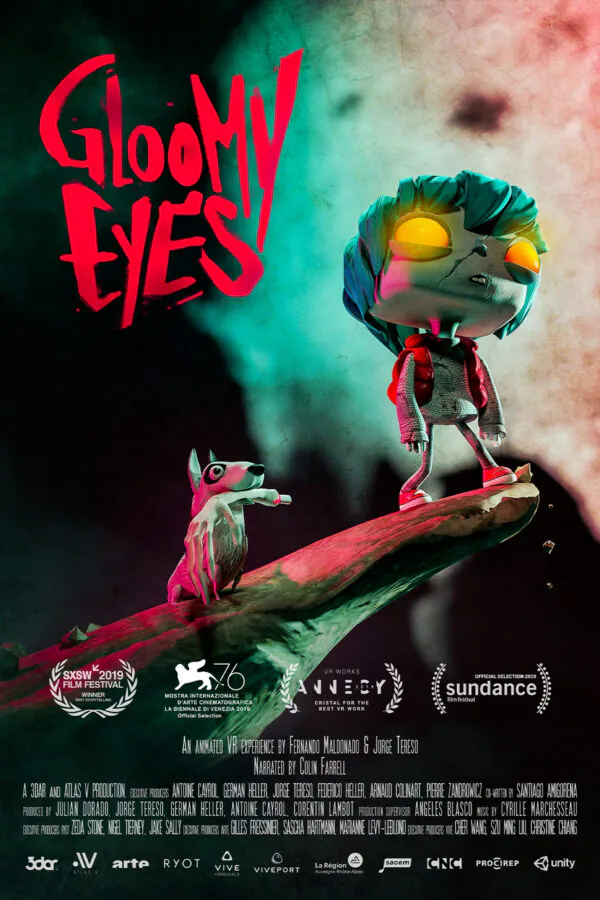 Affiche de Gloomy Eyes : un garçon zombie aux yeux lumineux, debout sur une branche face à un chien